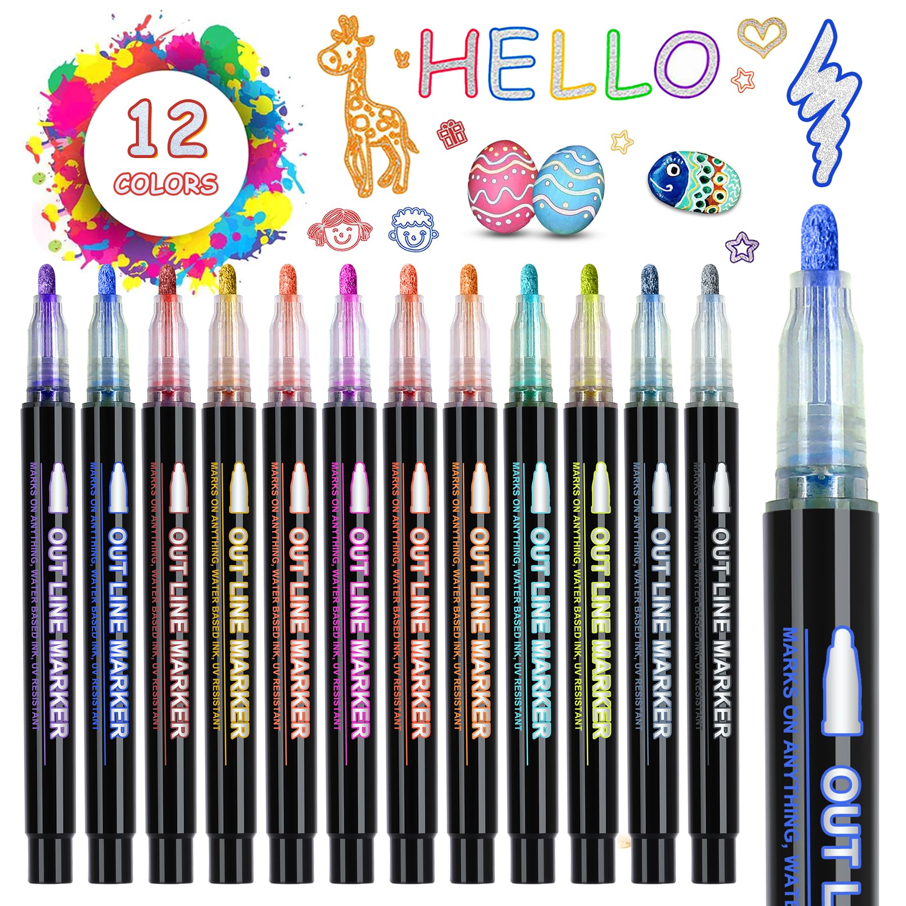 iaHOME Easter Gifts for Kids,Glitter Outline Pens,12 Double Line Colors Outline Markers Pens for Arts and Crafts, DIY Projects, Greeting Cards, Gifts for Teenage Girls early christmas presents