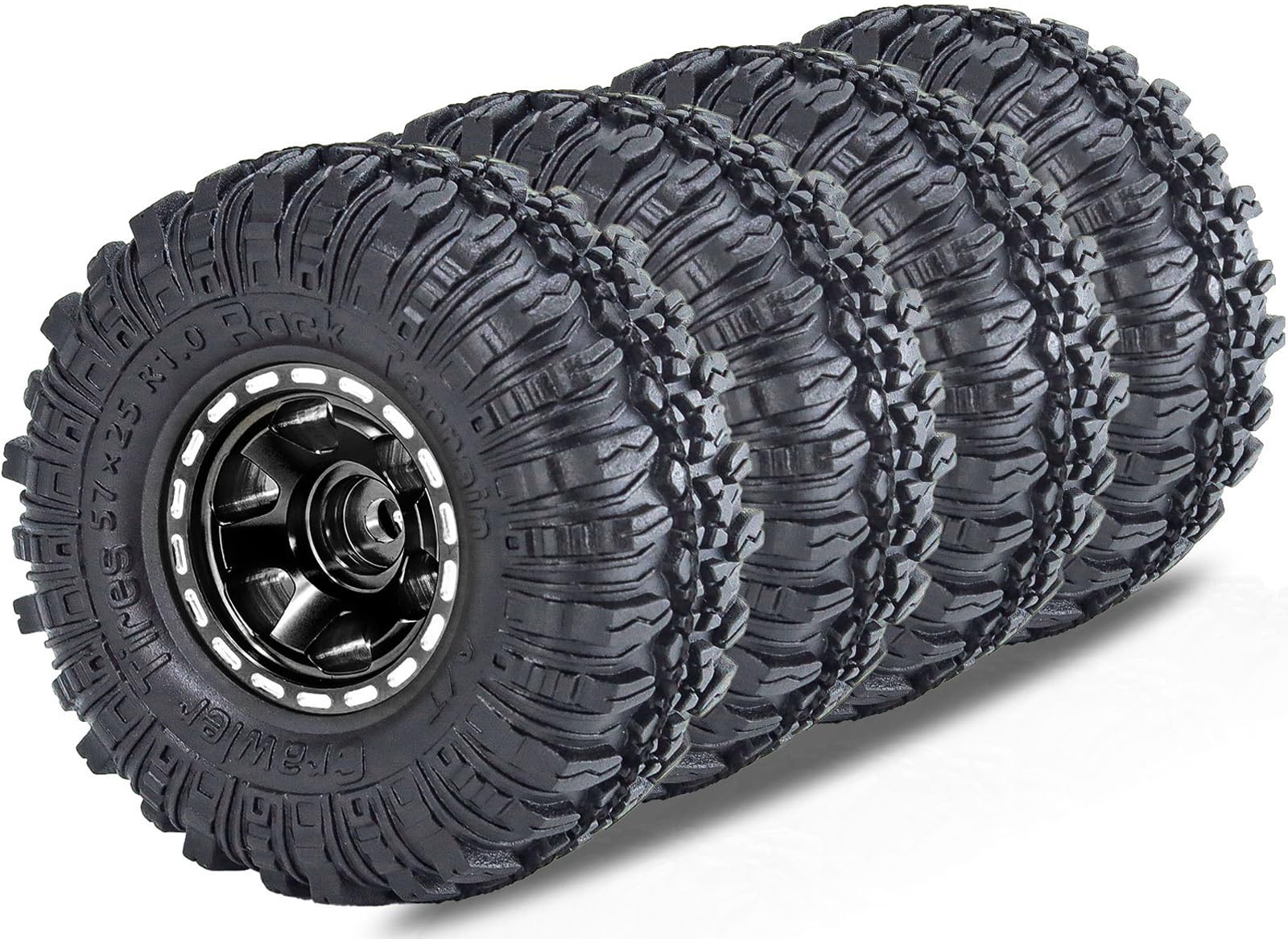 1.0 Beadlock Wheels and Tires Set 57 x 24 mm 1.0 inch Rubber Rock Crawler Tires & Alloy Blade Wheels for 1/18 1/24 Axial SCX24 TRX4M Gladiator Bronco C10 JLU Deadbolt RC Crawler Car Upgrade(Black)