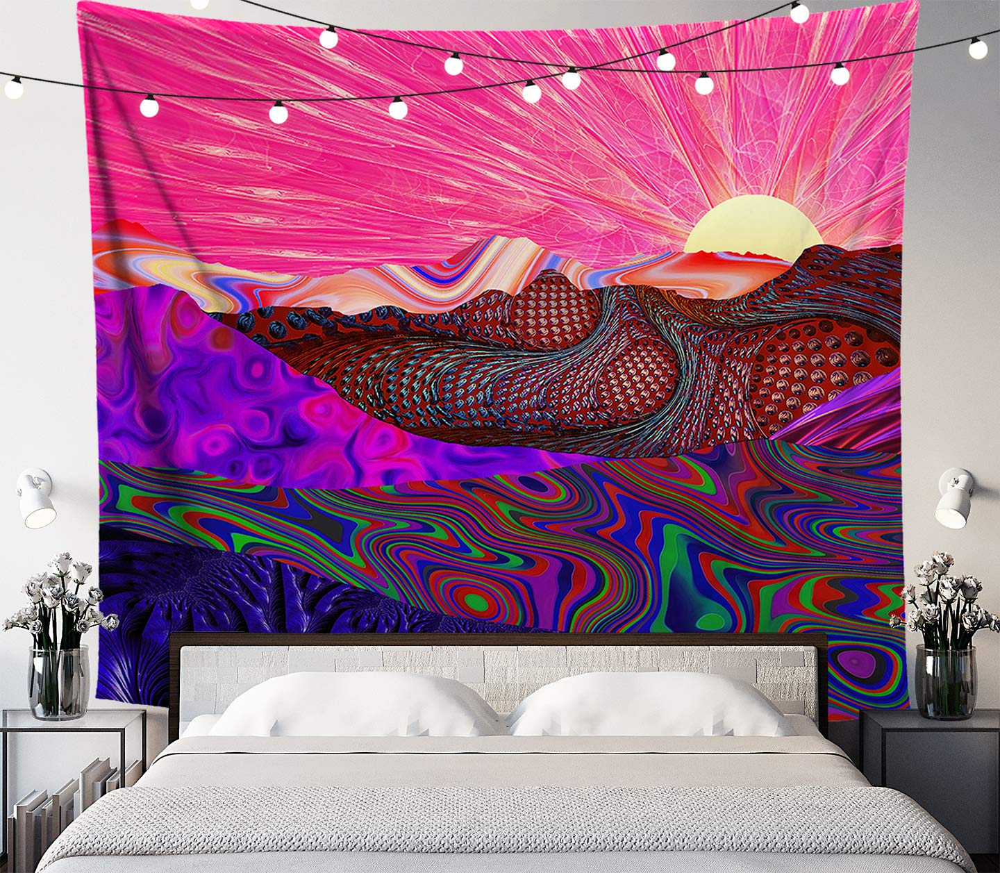Photo 1 of LUCID EYE Trippy Trek Tapestry, Psychedelic Mountain Sunrise, Girls Room Pink Wall Art Decor, Wall Hanging for Bedroom Living Room Dorm, 84x72 inches