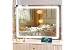 Gvnkvn Makeup Vanity Mirror with USB Charging Port 24" x 19" Large LED Makeup Mirror, Desk Mirorr with Lights, Light up Mirror with 10X Magnification and, Dimmable 3 Modes, Touch Control White