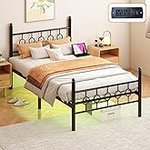 Jenmit Twin Bed Frames with Headboard, LED Bed Frame with Charging Station, Metal Platform, Under-Bed Storage, No Box Spring Needed, Noise Free, Easy Assembly, Black