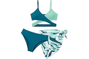 NAPU Girls Swimsuit 3 Piece Bathing Suits for Girls Criss Cross Color Block Bikini Set with Beach Cover Up Girls' Swimwear