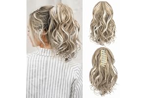 SEIKEA 10" Highlight Ponytail Extension Claw Short Thick Wavy Curly Jaw Clip in Fake Pony Tails Fake Hair Soft Natural Looking Synthetic Hairpiece for Women Dark Medium Blonde/White Blonde Highlights