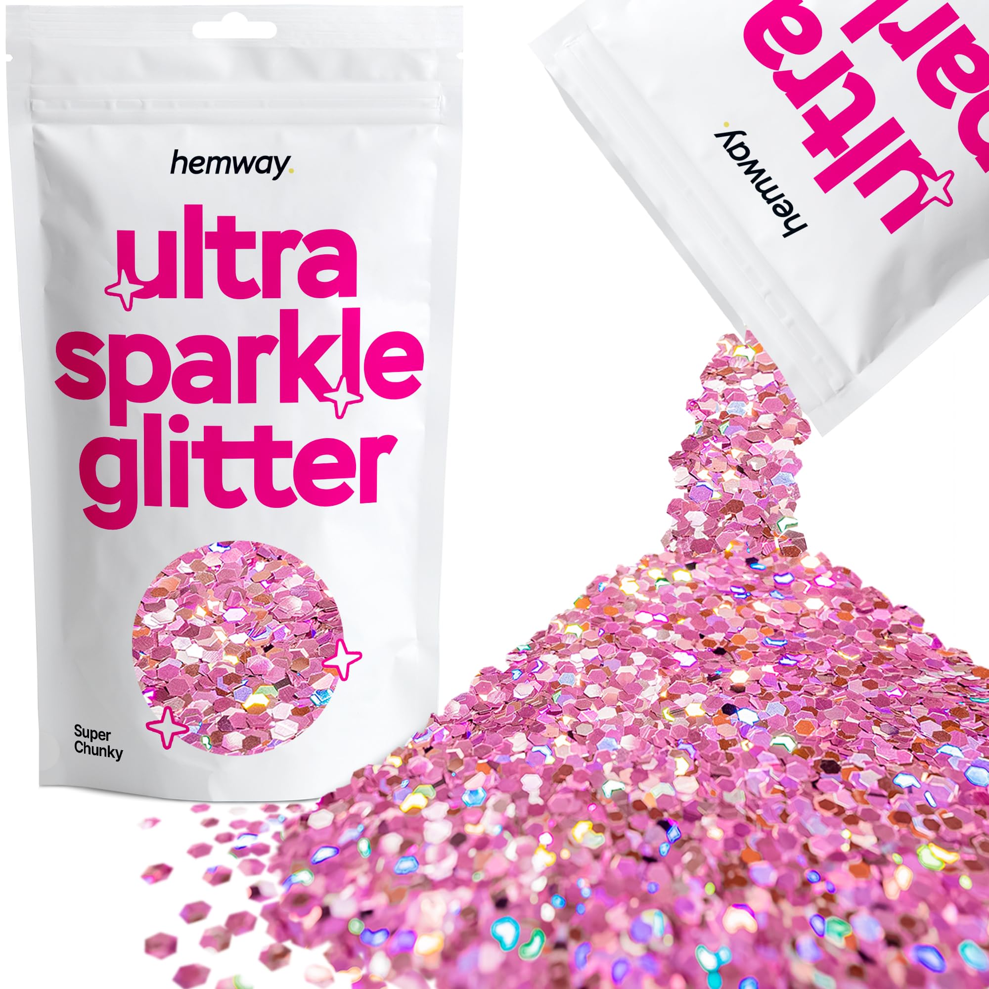 Hemway Ultra Sparkle Glitter Pink Holographic 100g Super Chunky | Glitter for Arts & Craft, Makeup, Nail Art, Crafting, Card Making, Sparkle Decoration