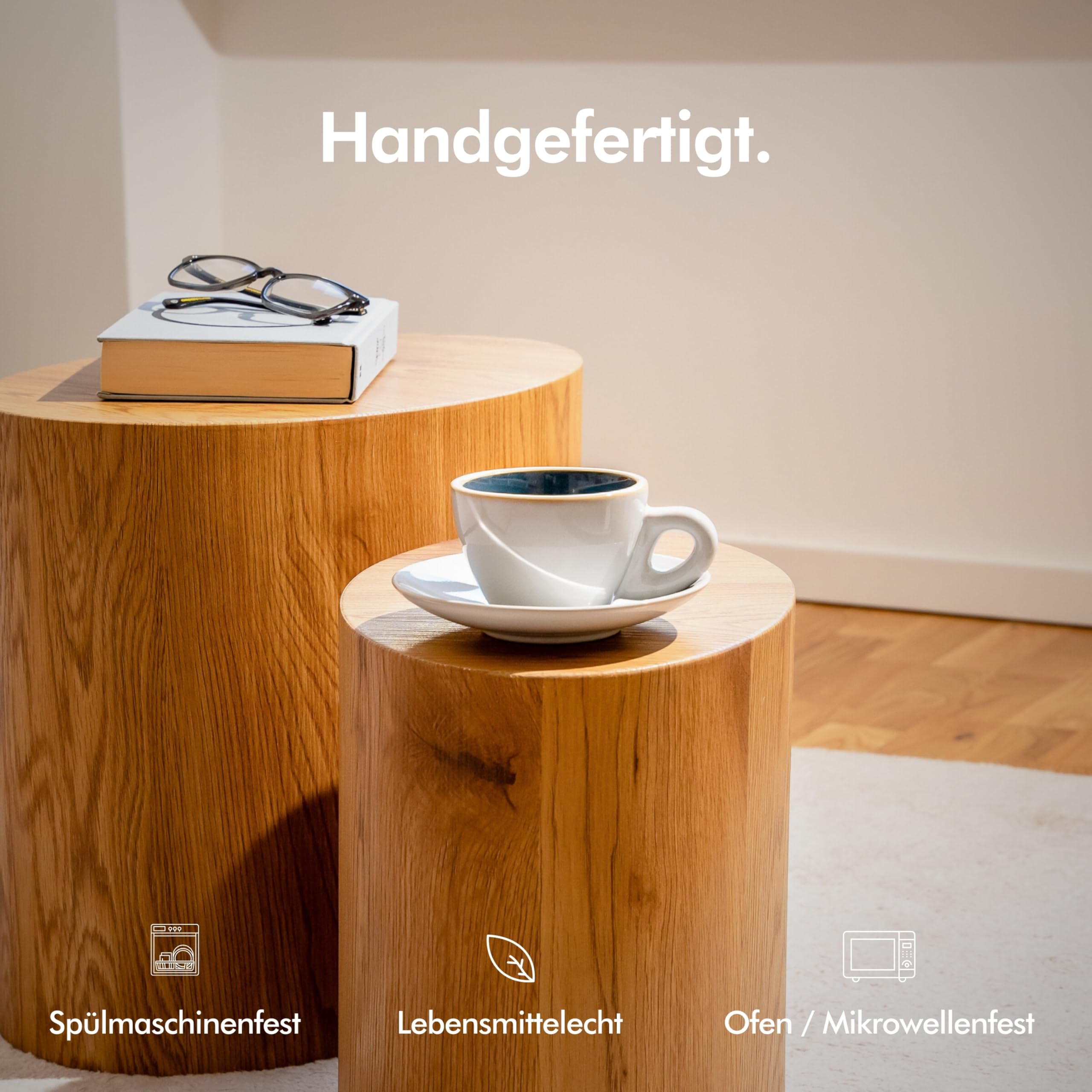 KIVY Cappuccino Tassen Dickwandig [4 x 240ml] - Handgefertigte Steingut Tasse - Kaffeetassen mit Untertassen - Cappuccinotassen Grau Blau- Milchkaffee Tassen Groß - Cappuccino Tasse mit Untertasse 3