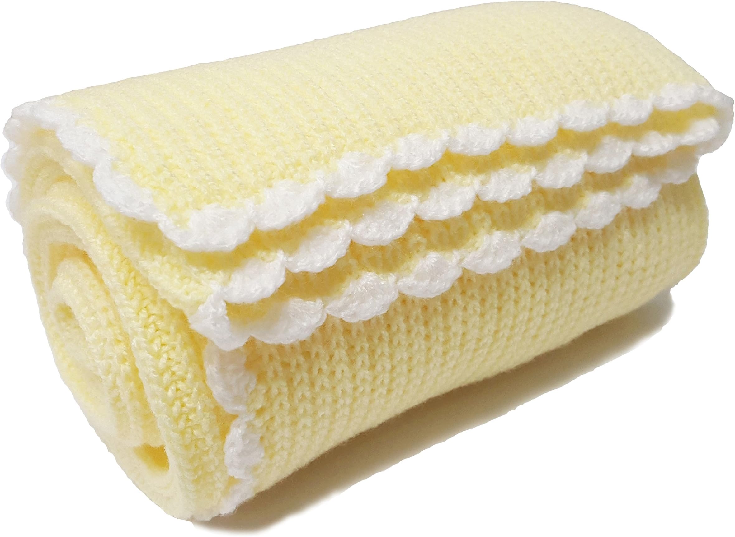 The Knit Wit Handmade Knitted Cellular Baby Blanket (Medium, Lemon & White Trim)