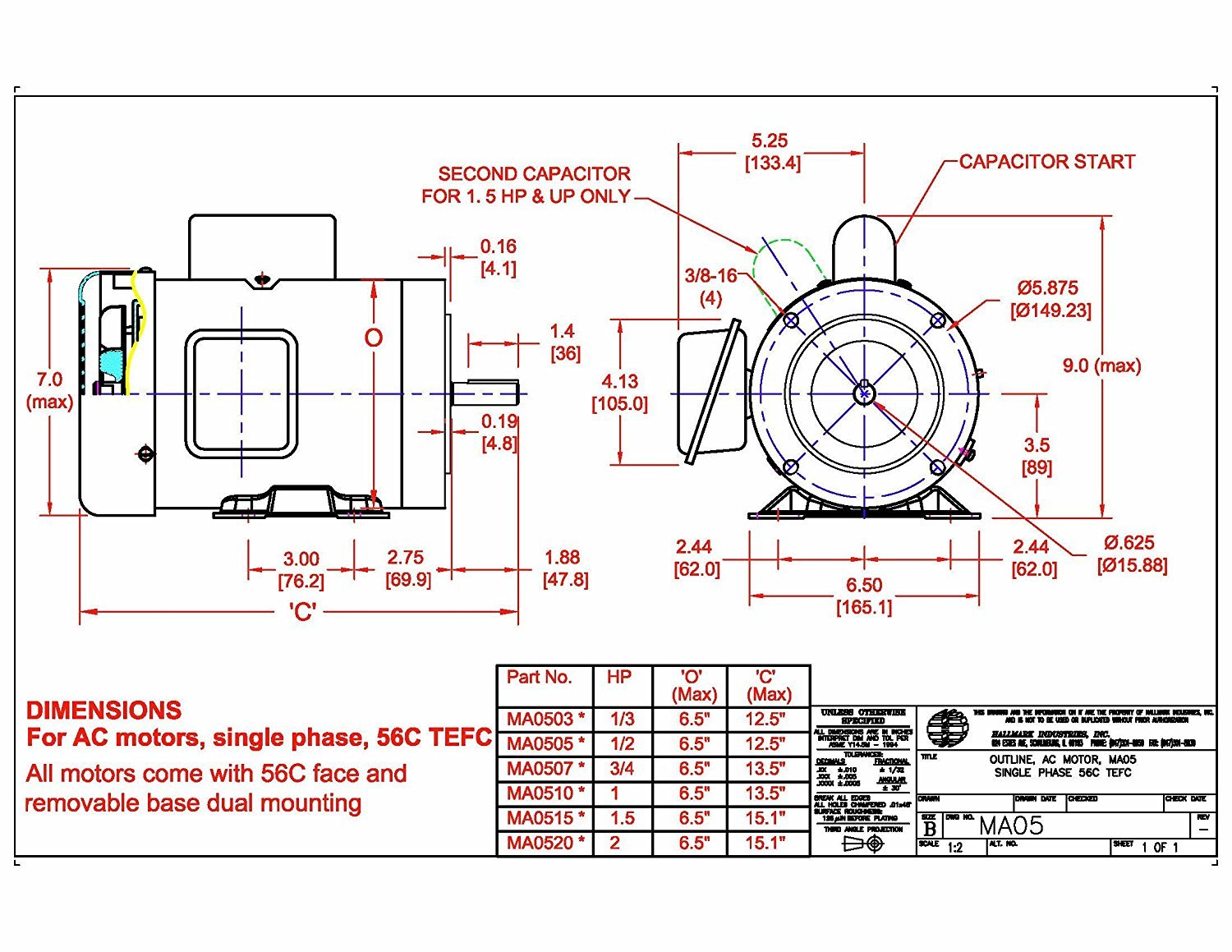 Hallmark Industries MA0505C AC Motor, 1/2 hp, 1725 RPM, 1PH/60 hz, 115/208-230V AC, 56C/ODP, Cap Start, with Foot, SF 1.15, Steel (Pack of 1): Industrial & Scientific
