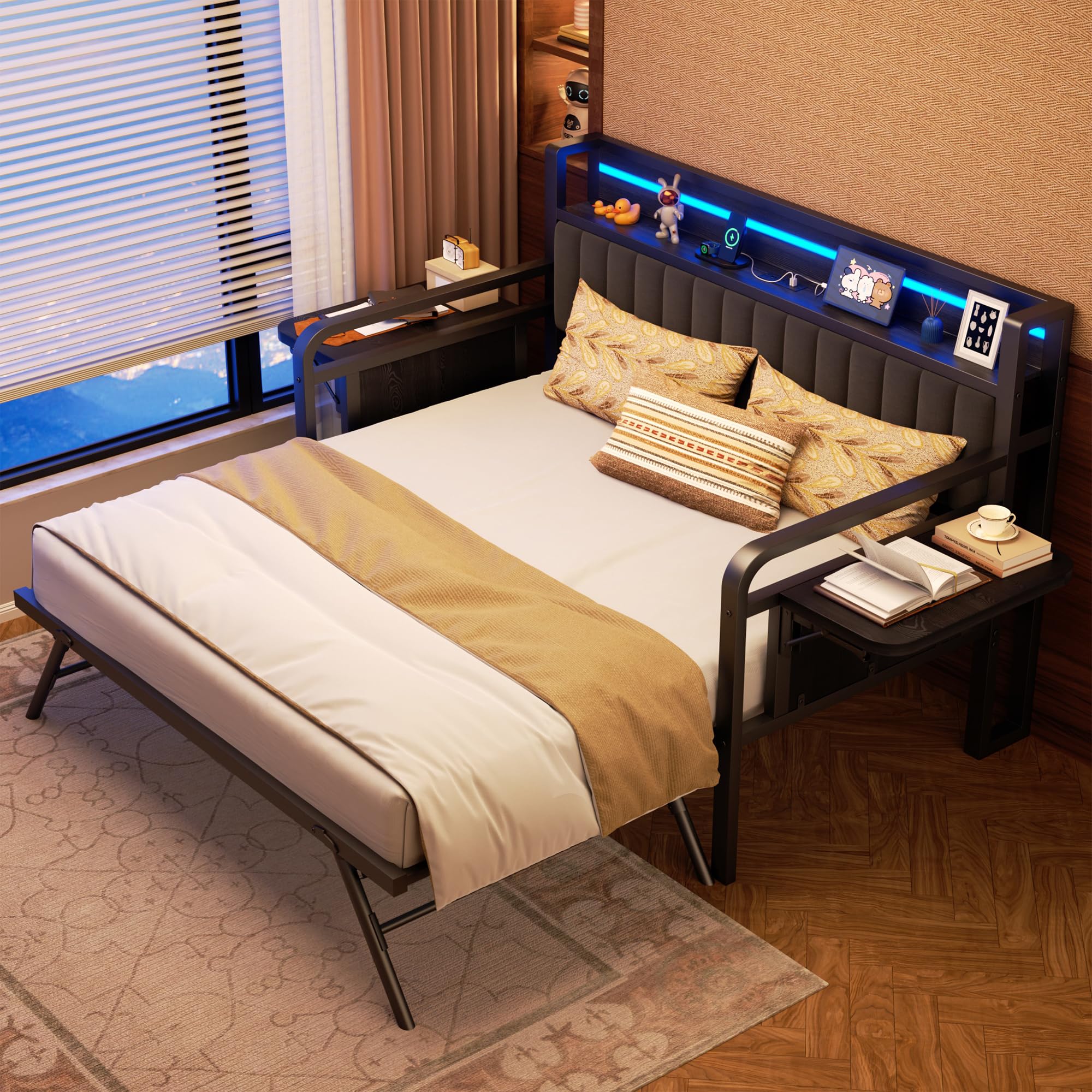 Photo 1 of ***PHOTO FOR REFERENCE ***Daybed with Trundle and LED Light, Heavy Duty Metal Twin Bed Frame with Upholstered Storage Headboard & Charging Station, Day Bed Pop Up Trundle Bed Twin for Living Room,Bedroom and Guest Room (Grey)