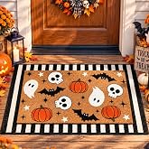 Whaline 2 Pcs Halloween Doormat Set, Ghost Bat Pumpkin Skull | Black White Stripe, Coir Floor Mat, Non-Slip, Front Door Rug, for Indoor Outdoor Home Kitchen Entrance Porch