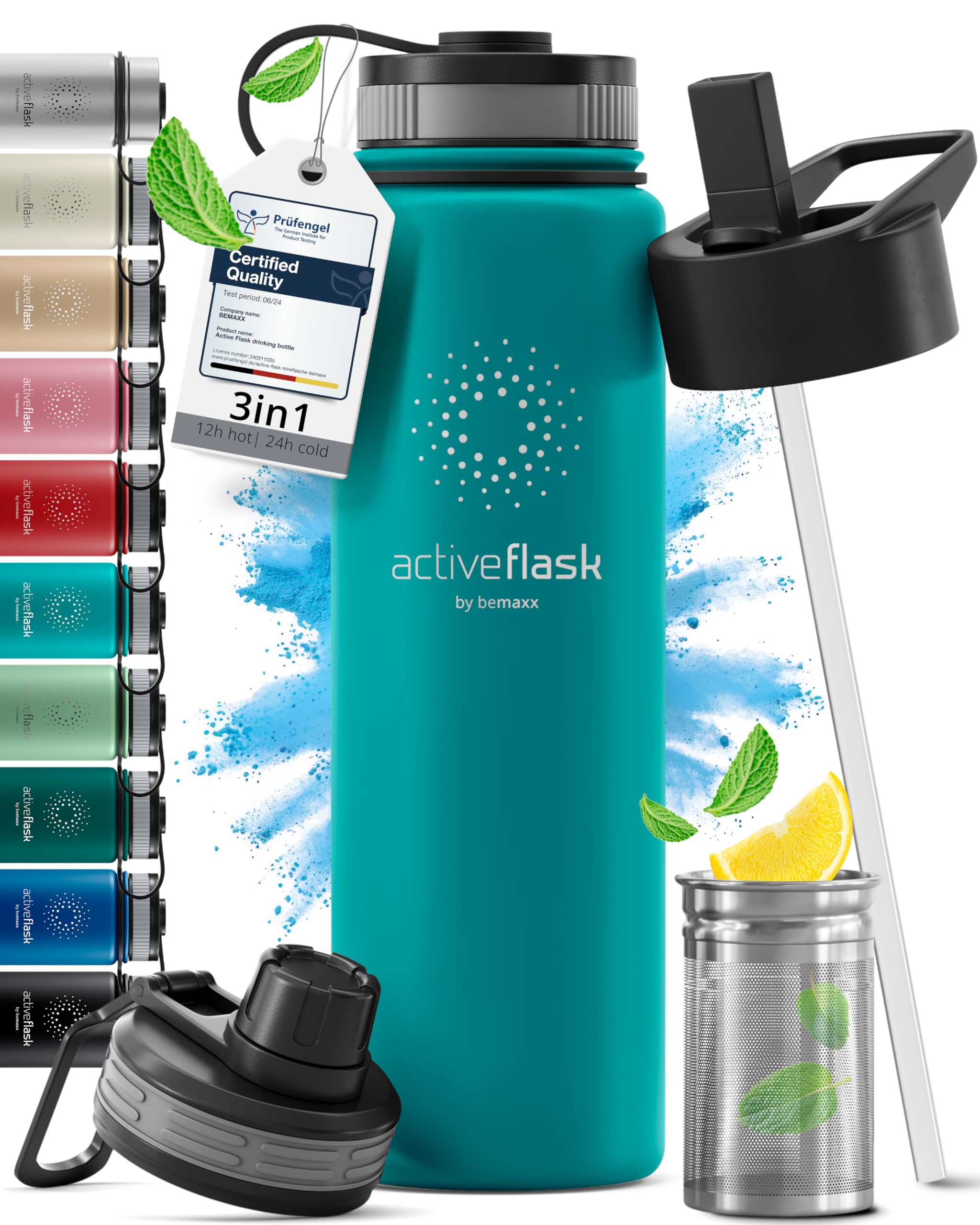 Stainless Steel Water Bottle with Straw & 3 Lids: 1 & 0,5L Leak-Proof BPA-Free Vacuum Insulated ACTIVE FLASK Drinking Bottles Hot Cold: Double Walled Outdoor Drink Thermo Mug Tea Coffee Sport Gym Bike