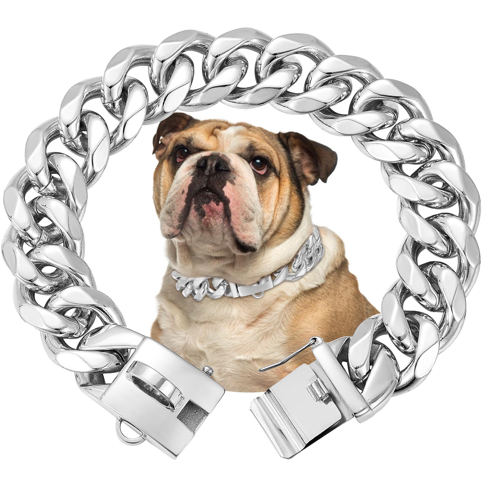 Solid Steel Dog Chain Collar with Buckle,19mm Wide,Heavy Duty Strong Stainless Steel Metal Pet Solid Cuban Links Collars for Dogs(60cm)