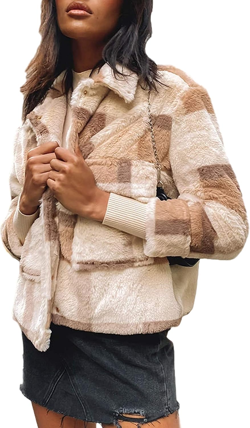 Uaneo Womens Plaid Sherpa Fleece Button Down Long Sleeve Cropped Trucker Jacketï¼Khaki-Sï¼ at 
