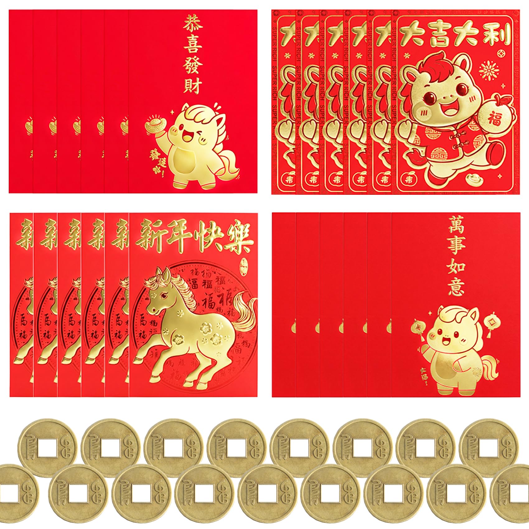 24 Pcs Chinese New Year Envelopes with 24 Lucky Feng Shui Coins Red Money Envelopes Chinese New Year 2026 Horse Hong Bao Packets for 2026 New Year Spring Festival