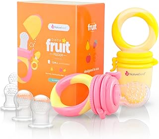 NatureBond Fruchtsauger Baby/Schnuller in appetitanregenden Farben (2 Stück) - Fruchtsauger Baby ab 3 Monate und Kleinkind - Beißring für Obst Gemüse Brei, BPA frei, 6 Silikon Sauger in 3 Größen