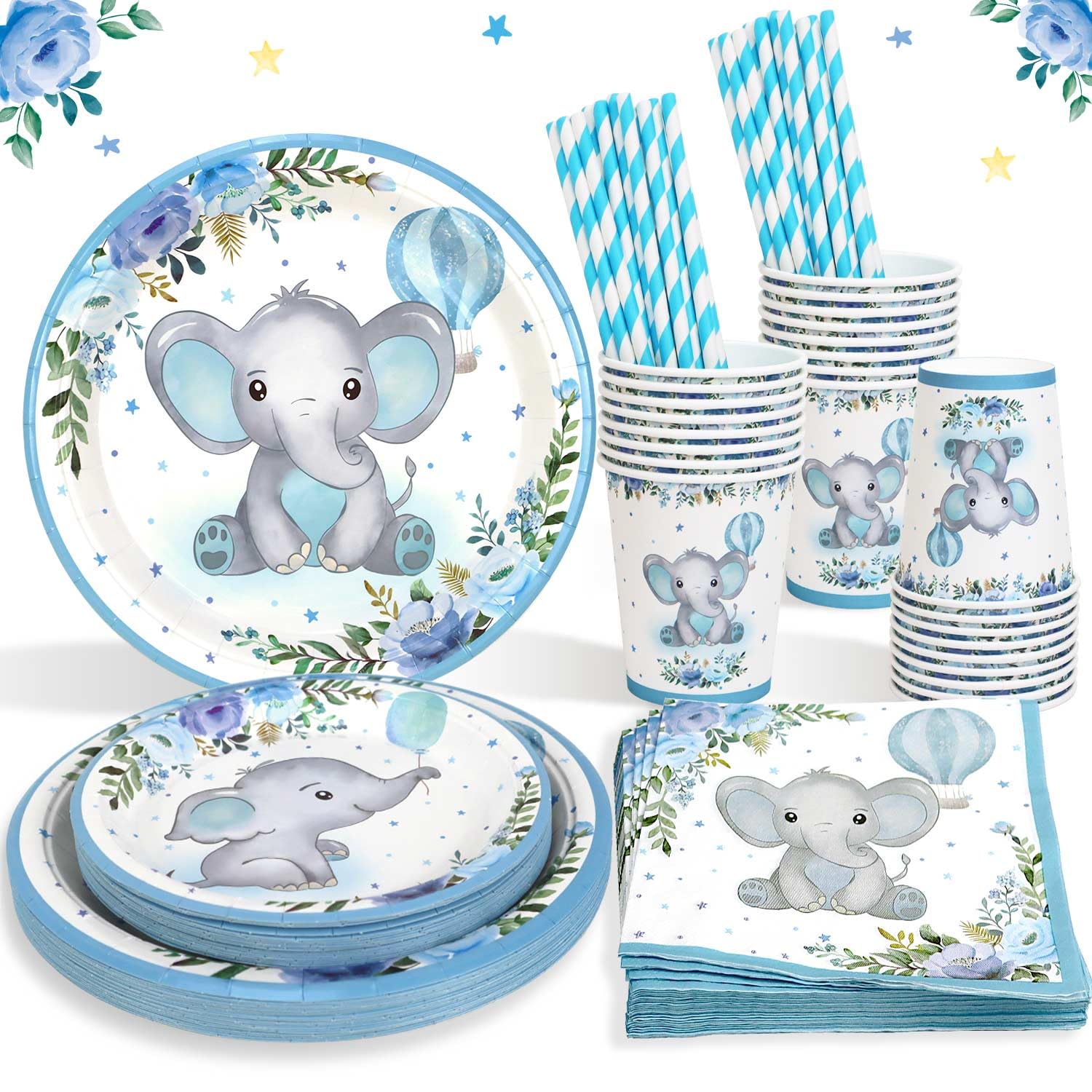 Heboland Baby Boy Baby Shower Decorations Paper Plates for 25 Guests, 125pcs Blue Elephant Baby Shower Plates Cups and Napkins for Boys Baby Baptism Decorations Supplies