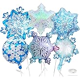 Biapian Snowflakes Balloons Set, Large Snowflake Shaped Foil Balloon, Blue Purple Silver Iridescent Snow Balloons for Ice Snow Princess Themed Birthday Party Decorations Winter New Year Decorations