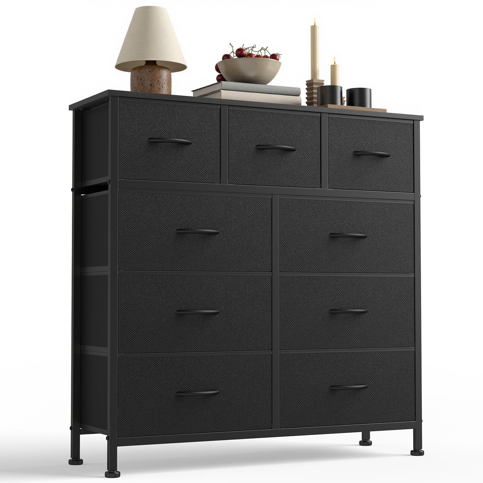 Photo 1 of **AS IS, FINAL SALE**Sweetcrispy 9-Drawer Fabric Dresser Storage Tower with Wood Top and Steel Frame, Organizer Chest with Easy Pull Handles for Bedroom, Closet, Hallway,Classic Black