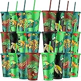 Skylety 24 Pcs Jungle Animals Cup Reptiles Tumbler with Lid and Straw 24oz Wild Animals Party Favors Reusable Tumbler Gifts Reptiles Party Decorations