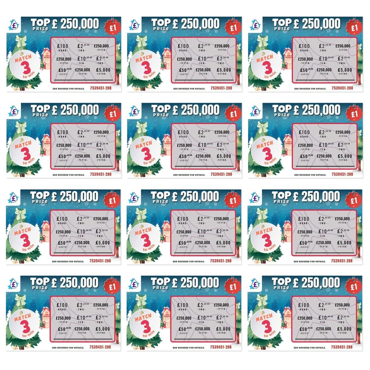 Playcrate 12 x Fake Joke Christmas Scratch Cards - Winning Lottery Ticket Practical Prank- Every card appears to win £100,000 or £250,000