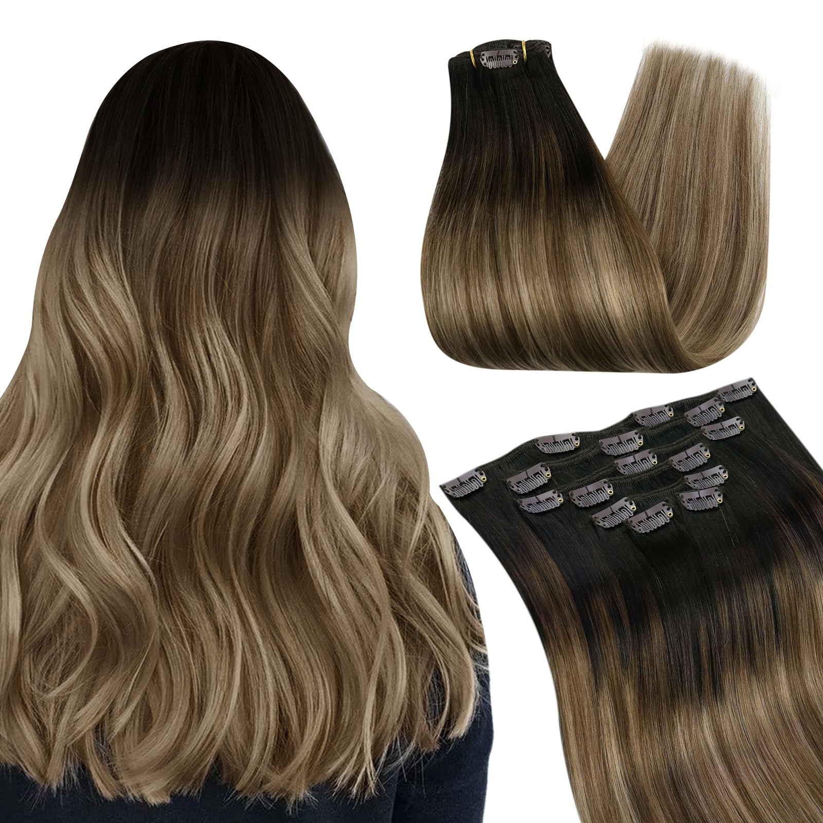Ugeat Dark Brown Clip in Human Hair Extensions 14 Inch Natural Hair Extensions Clip in Human Hair Medium Brown 7Pcs 105G Golden Brown Balayage #2/6/12 — image 1