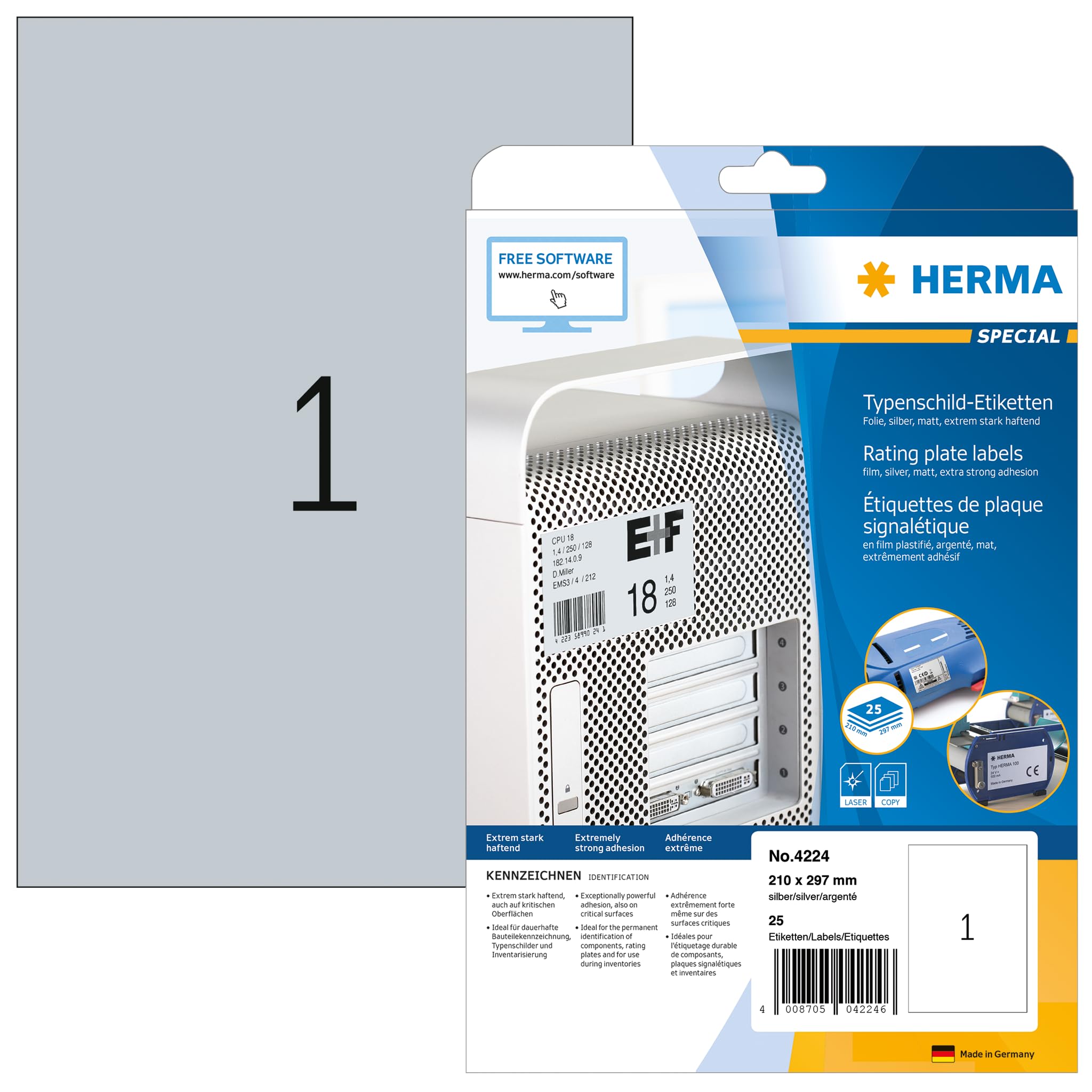 HERMA Self Adhesive Name Plate Film Labels, 1 Label per A4 Sheet, 25 Sheets, 210 x 297 mm, 25 Labels, Weatherproof Labels Stickers, Sticky Labels for Laser & Inkjet Printer, Metallic Silver