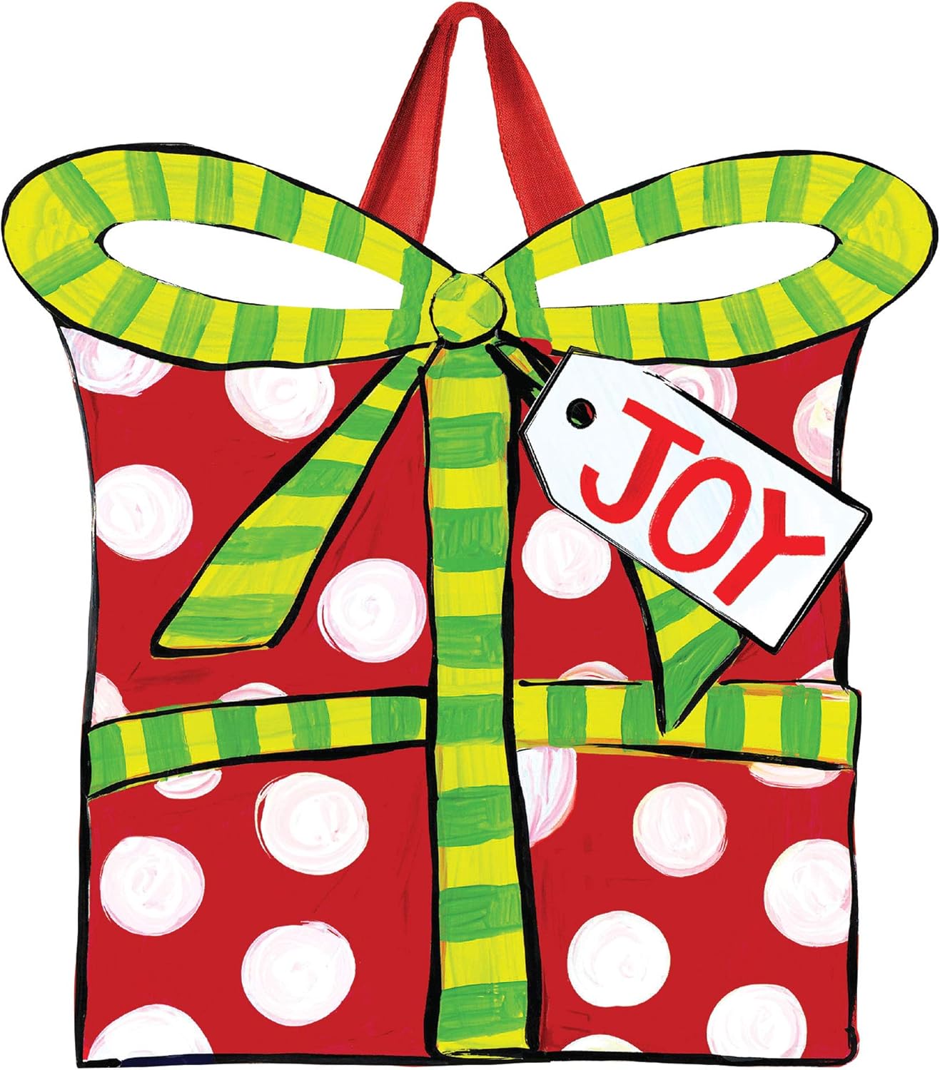 Studio M Polka Dot Present Winter Christmas Door Décor Decorative Front Door Sign with Colorful Ribbon Hanger, Durable Fade Resistant PVC, Made in The USA