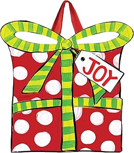 Studio M Polka Dot Present Winter Christmas Door Décor Decorative Front Door Sign with Colorful Ribbon Hanger, Durable Fade Resistant PVC, Made in The USA