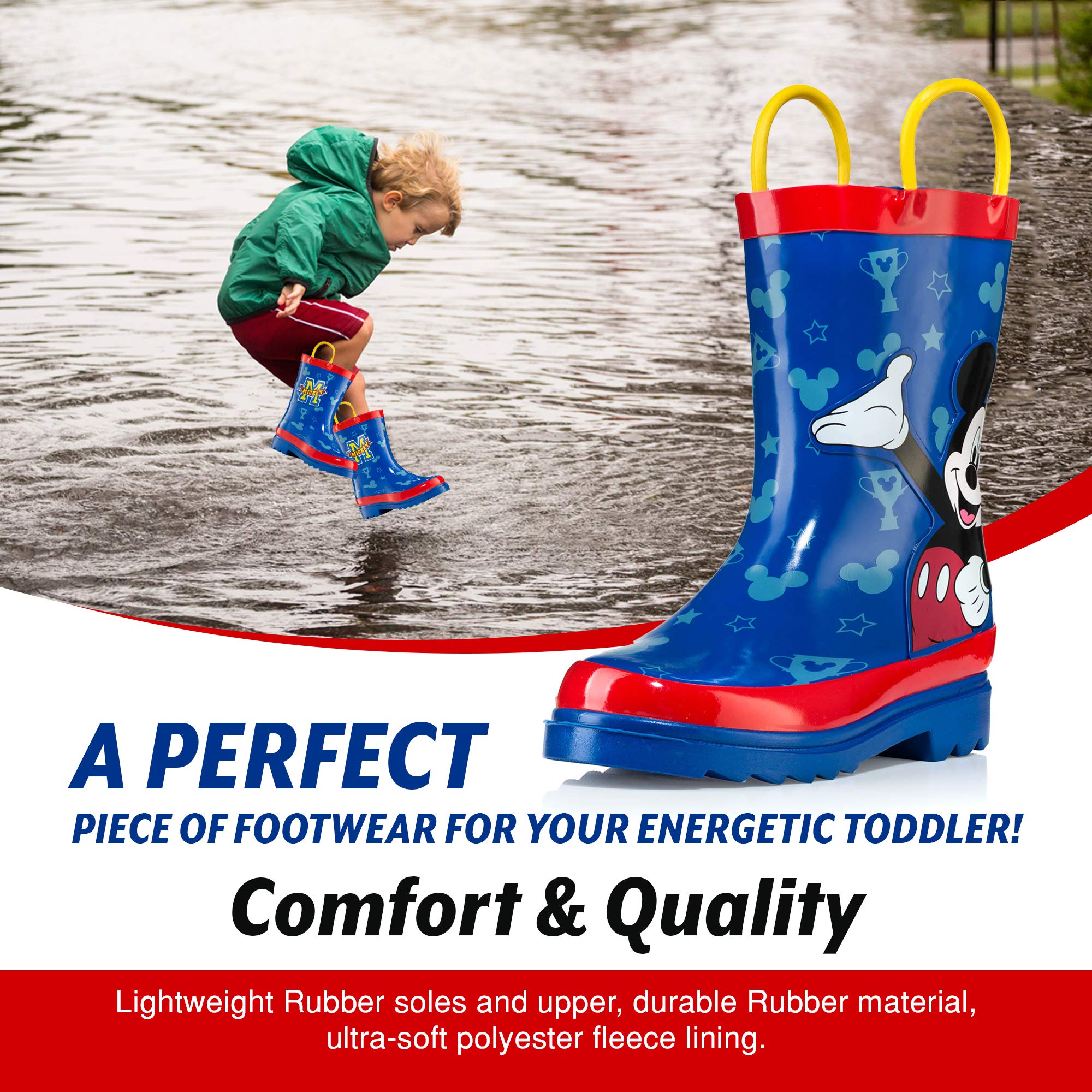 Disney Mickey Mouse Rubber Rainboots - Attached Handles - Toddler and Little Kid