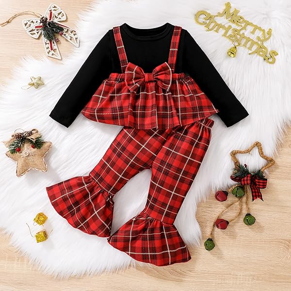 LITBEAR TODDLER BABY GIRLS CHRISTMAS OUTFITS PLAID DREES SHIRT FLARE FOR NEWBORN XMAS DRESS CLOTHES SET 6M-3T