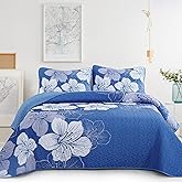 DJY 3 Pieces Quilt Set California King Gradient Blue Floral Pattern Quilt Coverlet Set Gorgeous Boho Bedspread with 2 Pillow Cases Cozy Botanical Bedding Quilt Set for All Season 106"x 96"