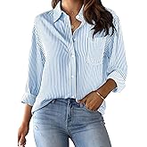GIANZEN Women's Striped Button-Down Shirt Long-Sleeved Casual Collared Office Shirt