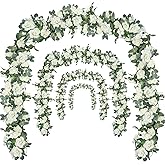 Bacucine Flower Garland Rose Vine 4Pcs 28FT Artificial Floral Garland with Green Leaves Hanging Rose Vine for Wedding Party Garden Home Wall Decor (White)