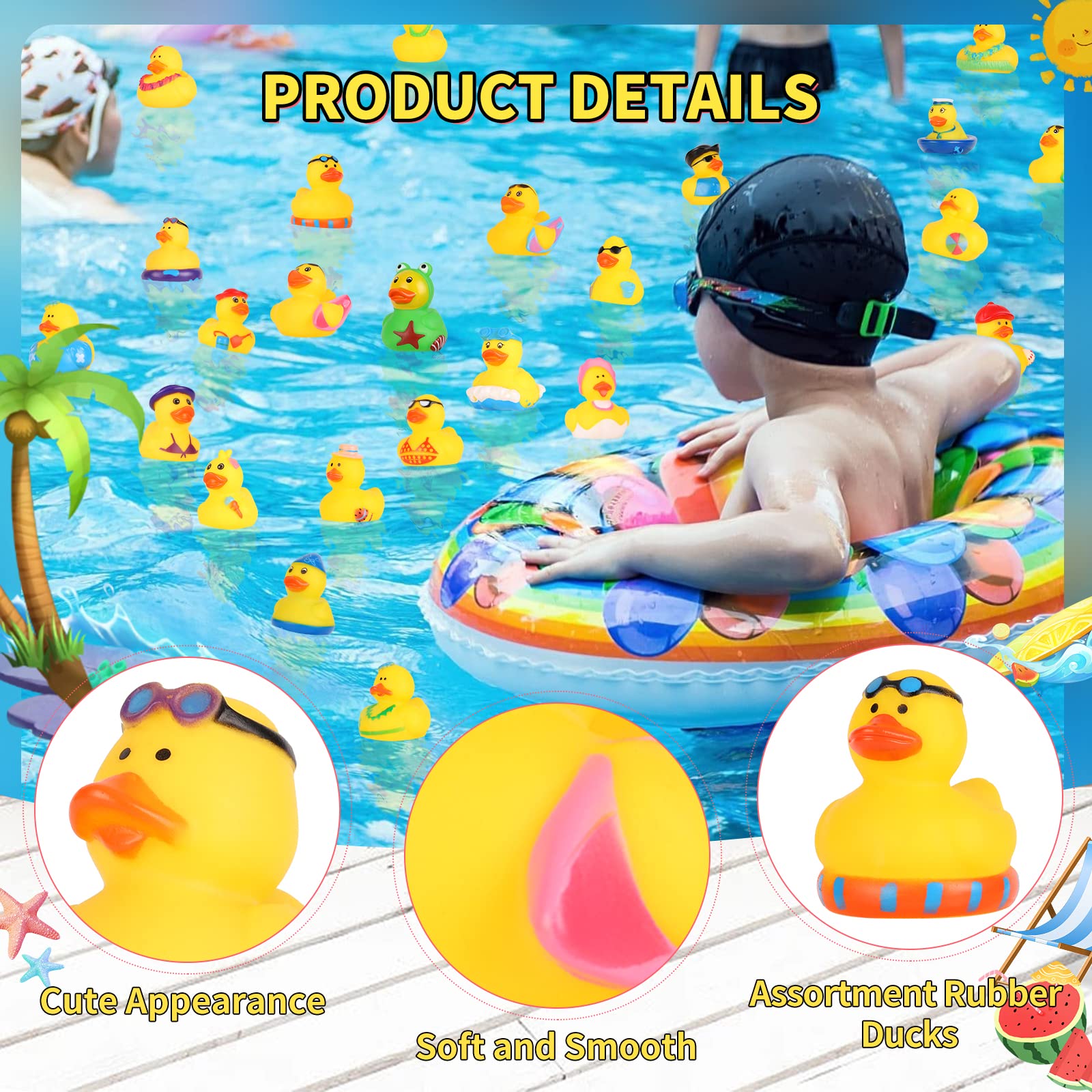 Mikulala 24 Pack Summer Rubber Duck Beach Rubber Ducks in Bulk Assorted Rubber Ducks for Duckies Games, Pool Play/Baby Bath Toys Party Favors
