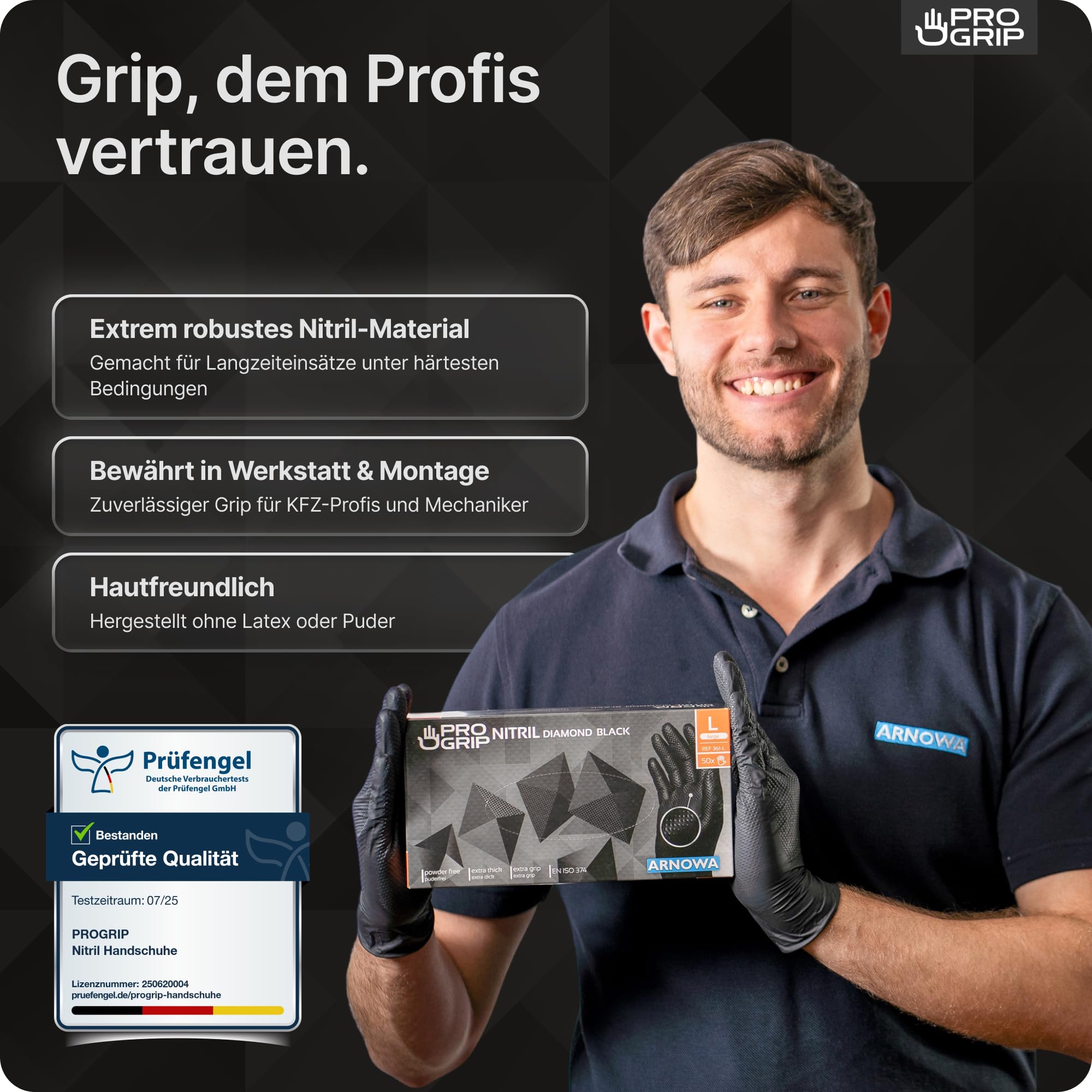 PROGRIP Einweghandschuhe Diamant Grip, Schwarz, Einmalhandschuhe Extra Stark, Nitrilhandschuhe Gr. L, 2x dicker, Handschuhe Einweg, Arbeitshandschuhe für Werkstatt & Montage, 50 Stk/Box 6