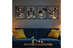 QXSXKJ Black Metal Wall Decor Framed, 3d Modern Metal Wall Art with Light, Minimalist Abstract Black Line Art DéCor, 4 Piece Home Art for Living Room Bedroom Bathroom