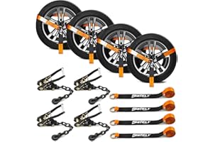 Nestilly 4 Pack Reflective Car Tie Down Straps for Trailers - Tire Ratchet Strap with Chain Anchors - 2" x 8' 9900LBS Break Strength - Lasso Style Wheel Straps for Hauling UTV, SUV, Truck