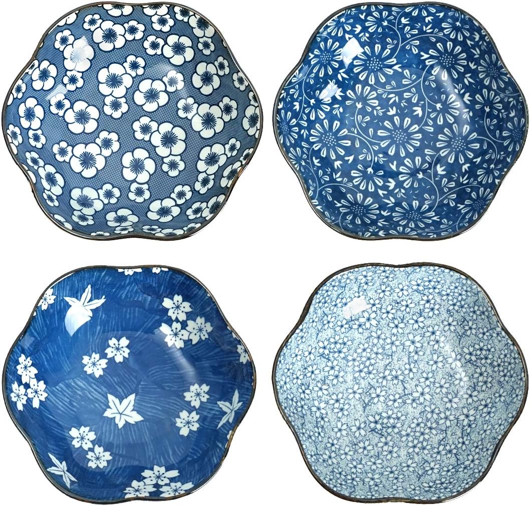 Shallow Bowls Blue and White Assorted Patterns Pasta Bowl 12 Ounce Set of 4
