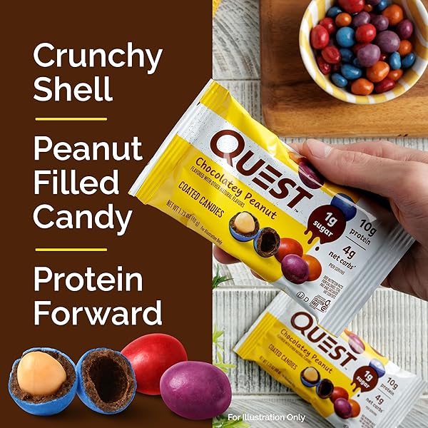 QUEST NUTRITION COATED CANDIES, CHOCOLATEY PEANUT, 1G SUGAR, 10G PROTEIN, 4G NET CARBS, GLUTEN FREE, KETO FRIENDLY, 12 COUNT