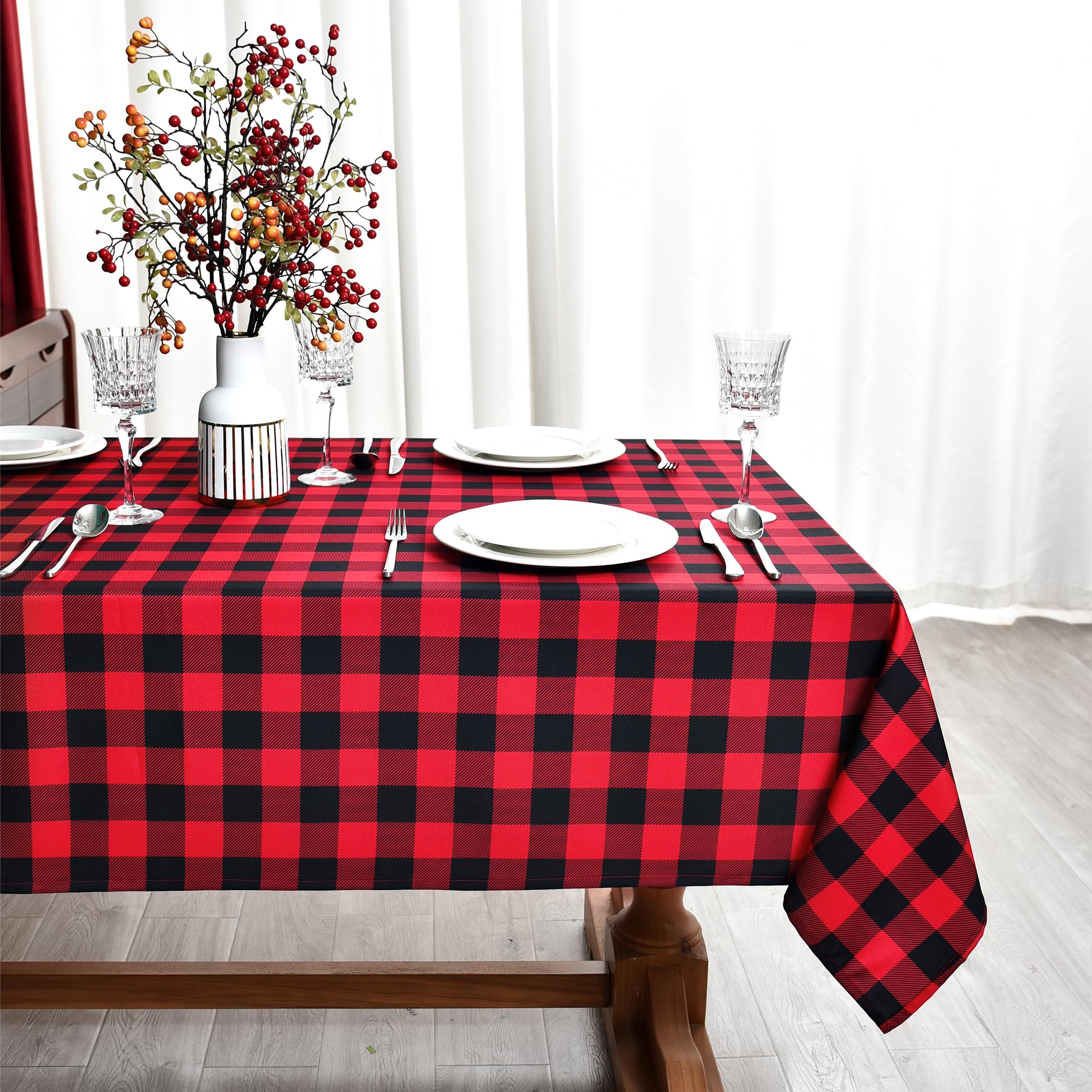 Photo 1 of Essifunia Red Gingham Christmas Plaid Tablecloth - Rectangular 58x102 Inch Water Resistant Table Cloth for Indoor/Outdoor Use - Holiday Table Cover for Kitchen, Picnics, and Parties