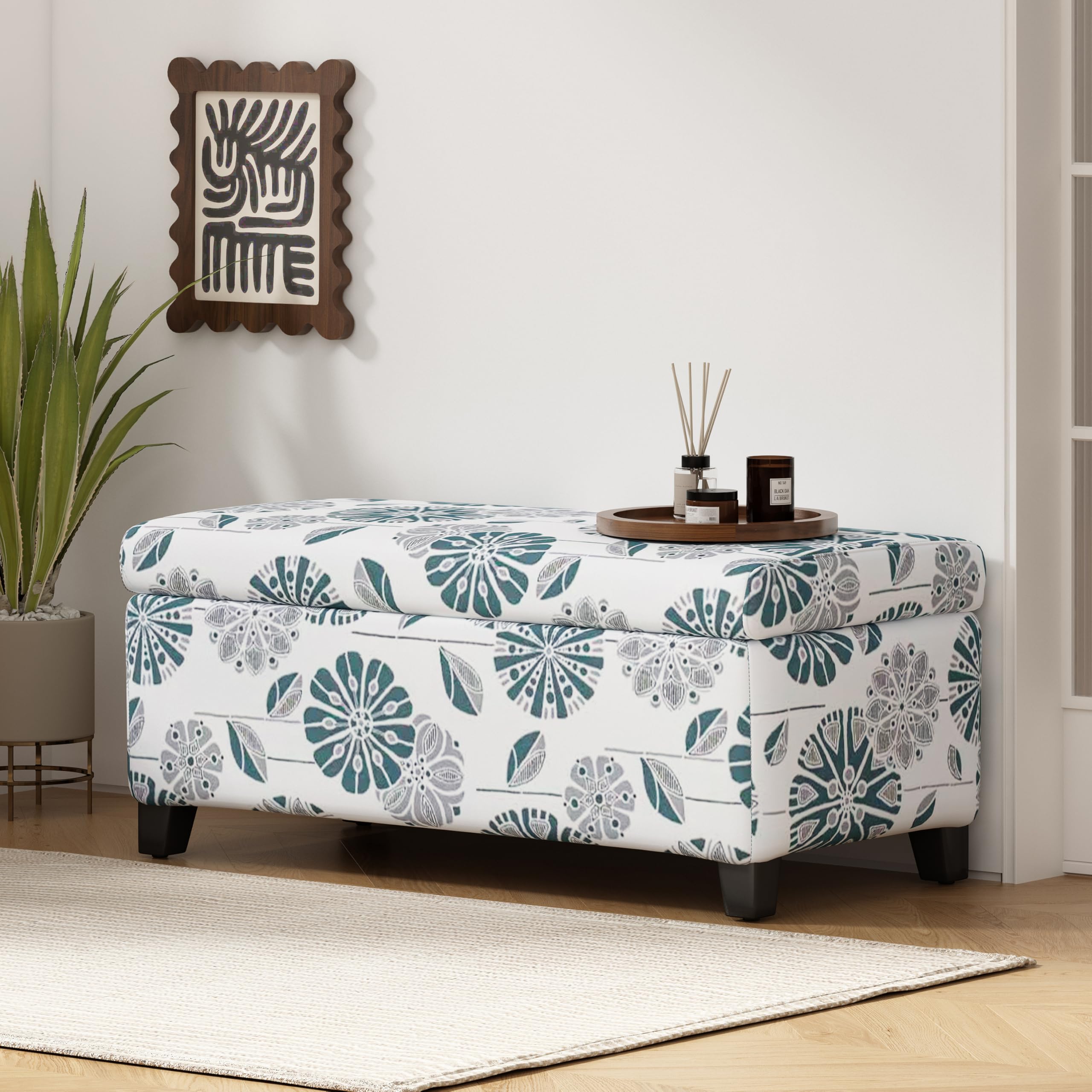 Christopher Knight Home Nesbit Living Room Ottoman with Storage, Entryway Fabric Upholstered Storage Ottoman Bench, Rectangular Sofa Foot Stool, Bedroom End of Bed Bench,Shoe Organizer,Light Grey+Teal Image