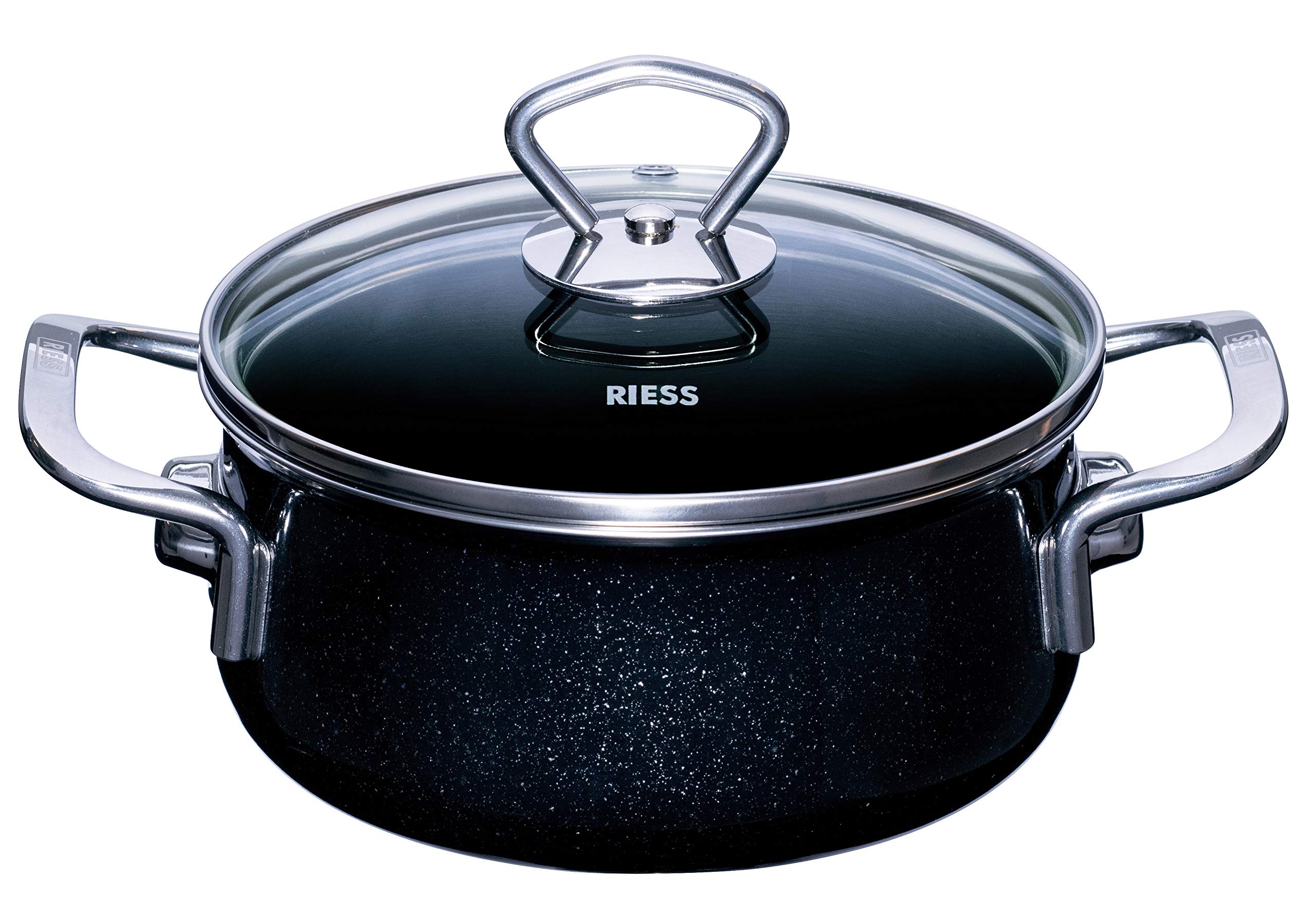 RIESS 0707-009 Casserole with Glass lid, Nouvelle- Black Magic Extra Strong, Diameter 16cm, Height 7.8 cm, Capacity 1 Litre, Enamel, Black, Induction