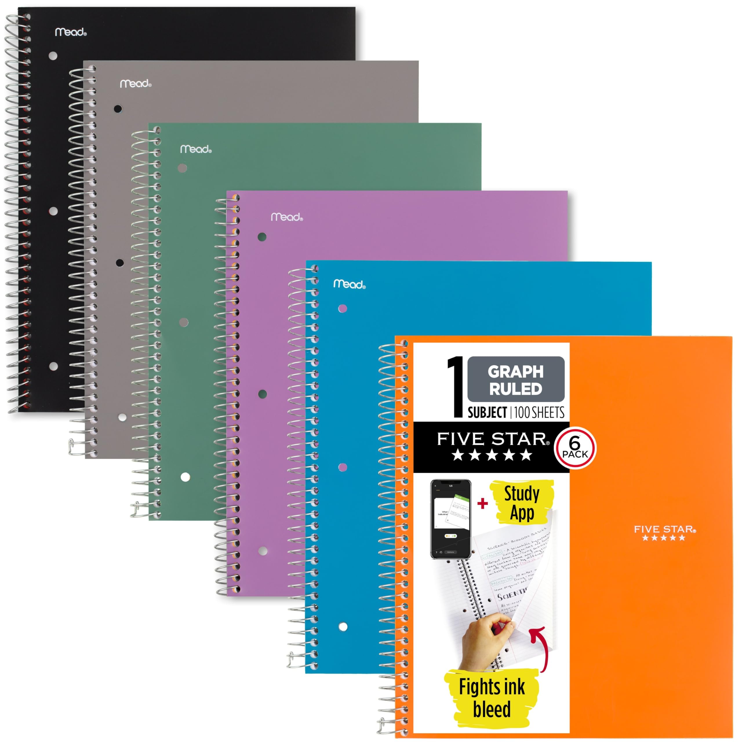Five Star Spiral Notebook + Learning App 6 Pack 1 Theme Squared Paper 8.5 x 11 Inch 100 Sheets Fights Ink Bleeding Water Resistant Cover Purple Orange Green Blue Grey Black (73549)