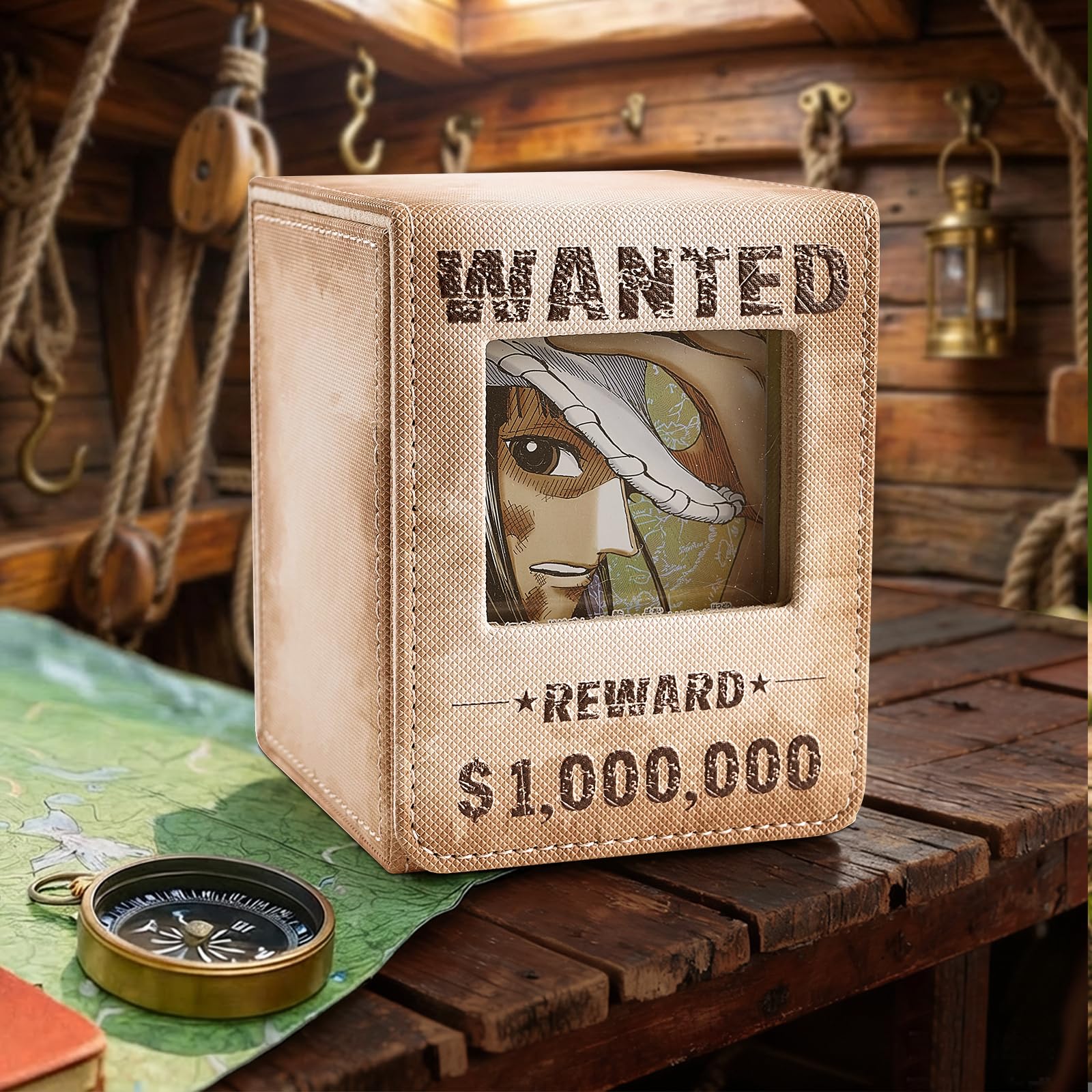 Venssu Wanted Poster Style Deckbox mit Commander Display, MTG Kartenbox für 120 Einfach Gesleevte Karten, Sammelkarten Aufbewahrungsbox aus PU-Leder mit 2 Trennwänden, kompatibel mit One Piece/TCG 7