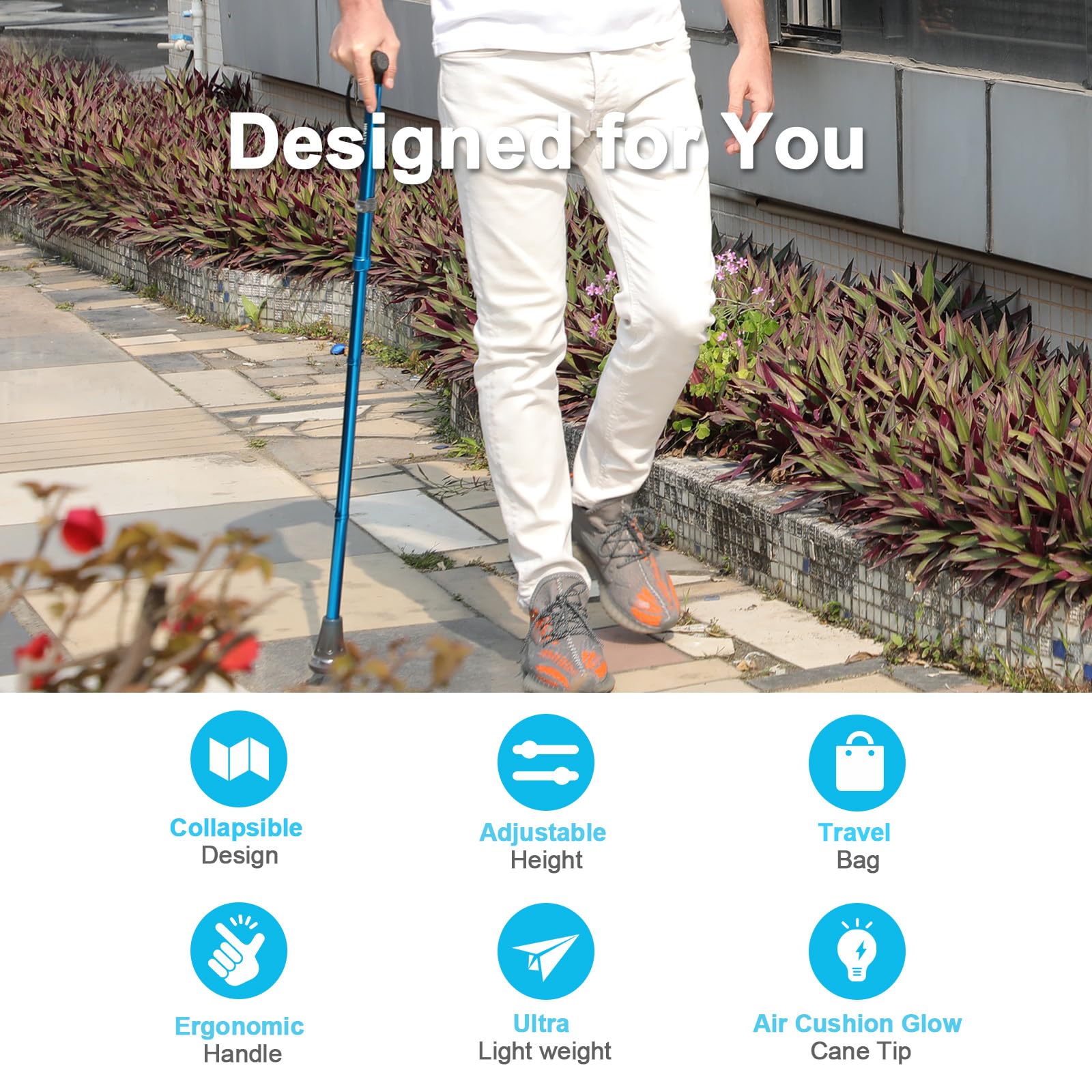HEALTHBAZAAR All Terrain Walking Cane for Men & Women, Lightweight, Foldable, Adjustable, Shock Absorption, Collapsible, Air Cushion Cane Tip Walking Stick for Seniors & Adults
