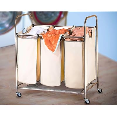 Buy Rolling Laundry Sorter Cart Durable Metal Frame Lockable Wheels Three Heavy Duty Canvas Bags With Handles The Triple Compartment Laundry Hamper Will Hold Up To 3 Loads Of Household Laundry