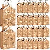 Tenceur 24 Pieces Christmas Paper Gift Bags Gingerbread House Shaped Candy Goodies Xmas Kraft Paper Treat Bags with Handles for Christmas Holiday Party Favors Supplies