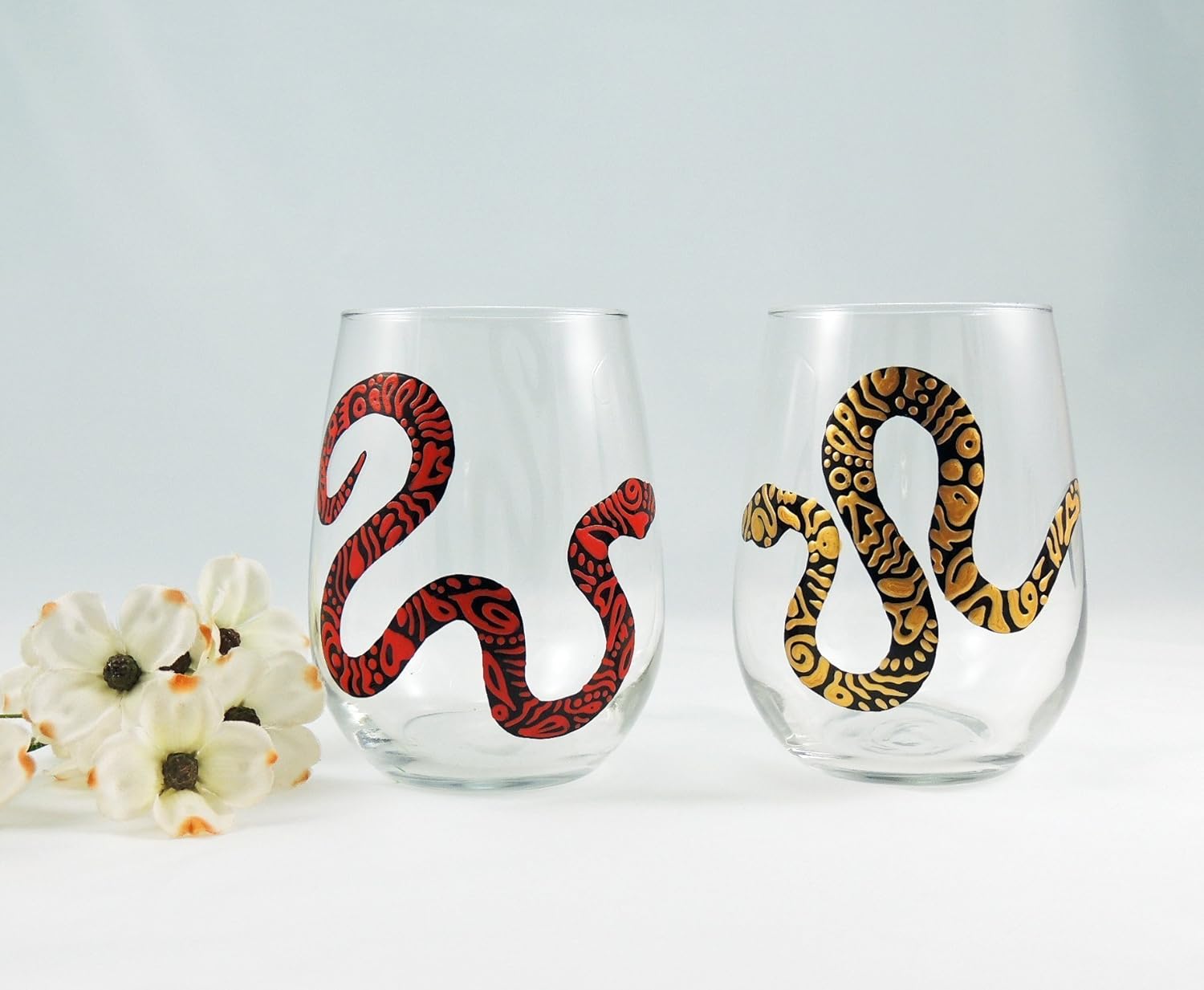 Amazon.com: Hand painted stemless snake wine glasses, red and gold