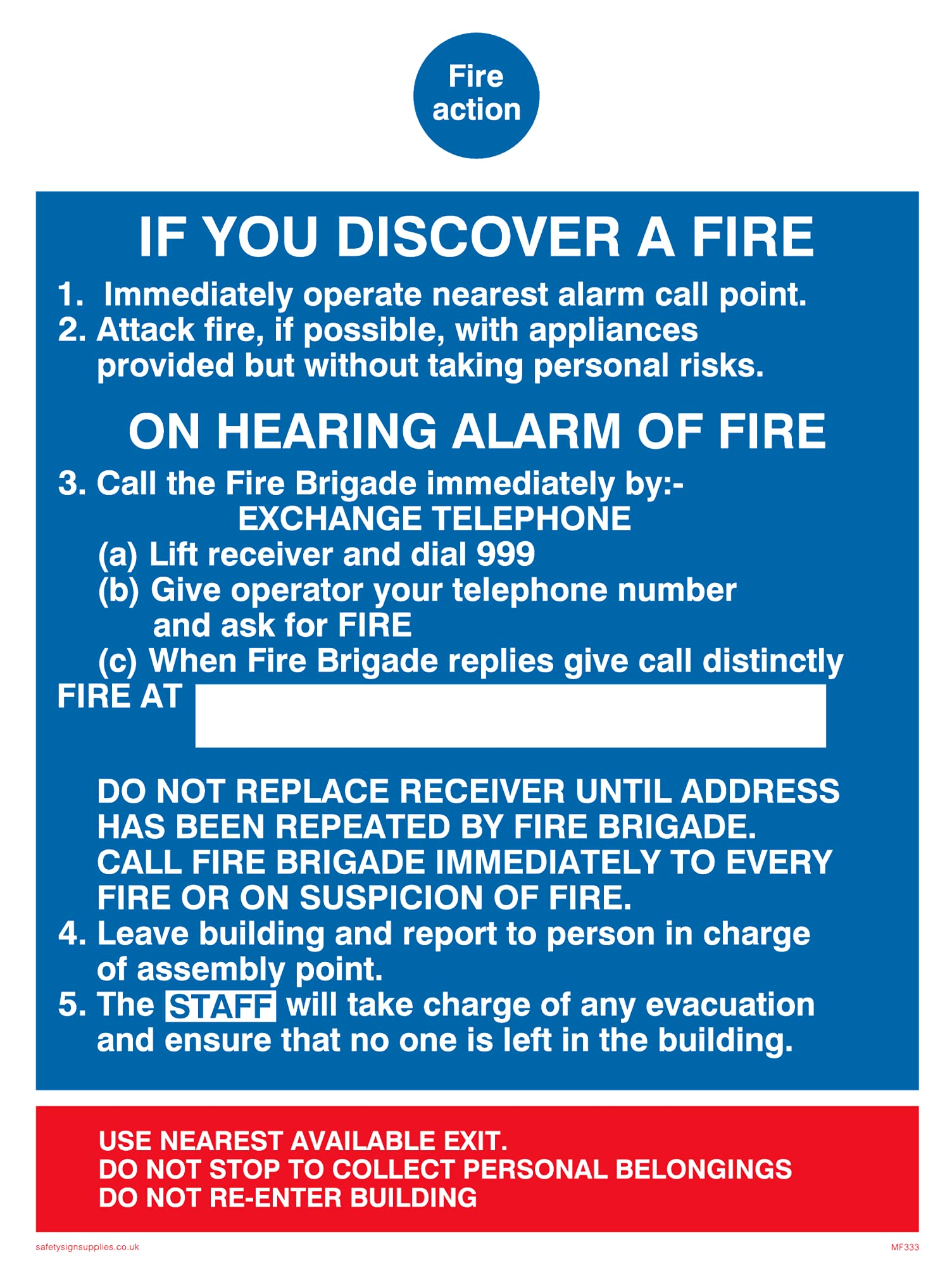Pack of five - Fire Action If You Discover A Fire For Hospitals Sign - 150x200mm - A5P