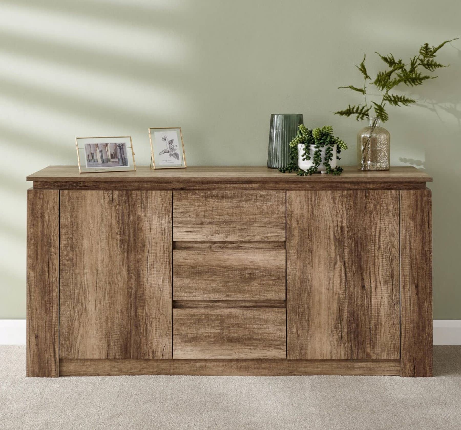 Home Source - Unique Oak Effect 3D Paper Foil Finish Chunky Sideboard 3 Drawer Chest Cabinet