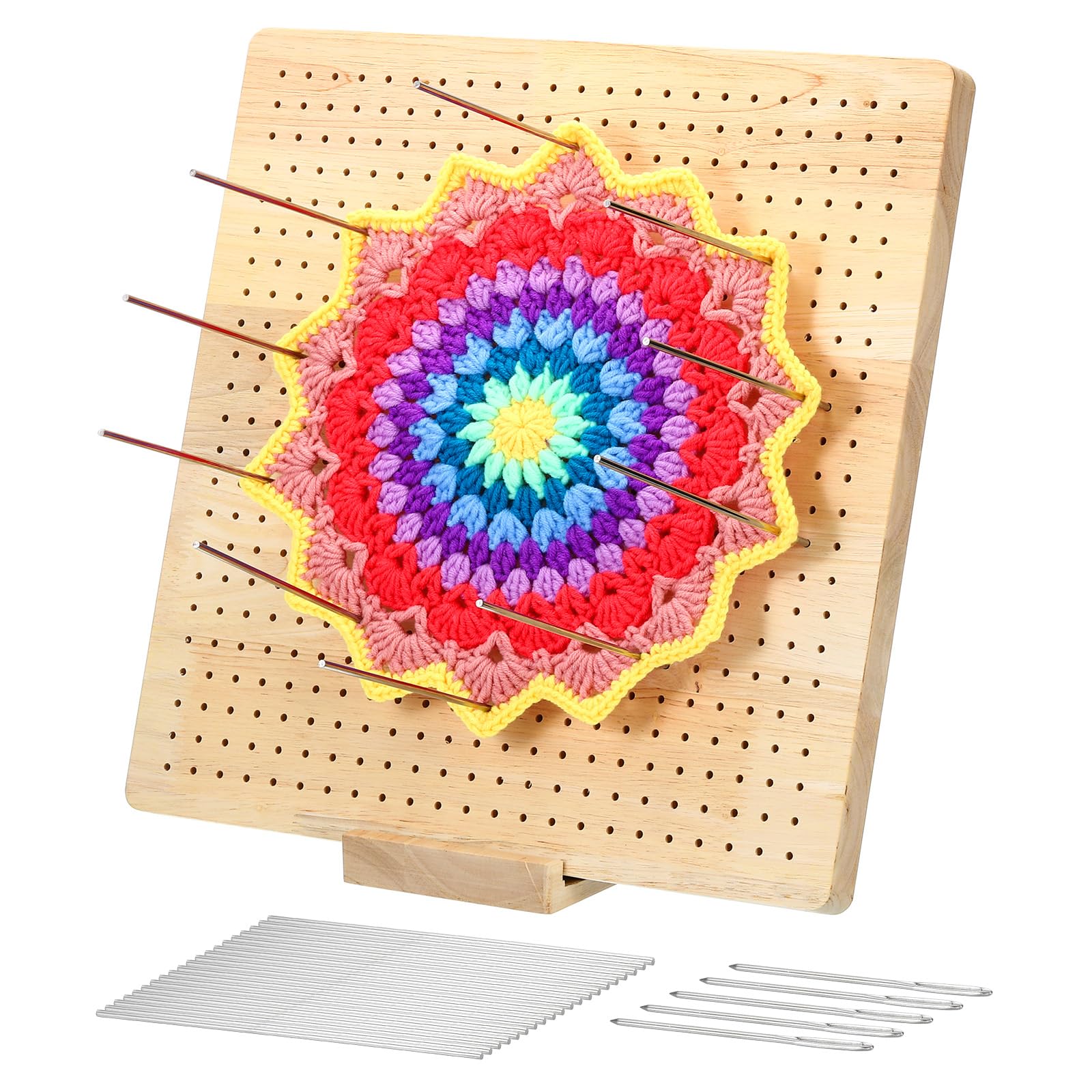 PATIKIL Crochet Blocking Board Granny Square Blocking Board, Bamboo Wooden Board Mats for Knitting Crochet with Pins and Pegs, Gifts for Mom Grandma Handcrafted Projects, 13 Inches
